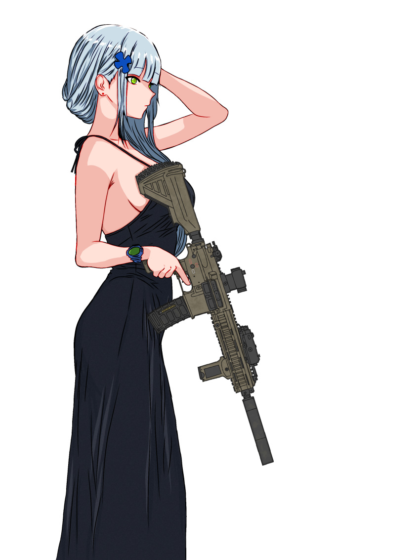 1girl, absurdres, assault_rifle, black_dress, blue_hair, cimol95, dress, from_side
