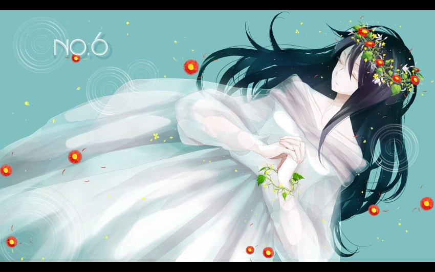 androgynous, black_hair, closed_eyes, crossdressinging, doro-p, dress, eyes_closed, flower, flower_wreath, head_wreath, long_hair, male, nezumi_(no.6), no.6, solo, trap, water, white_dress