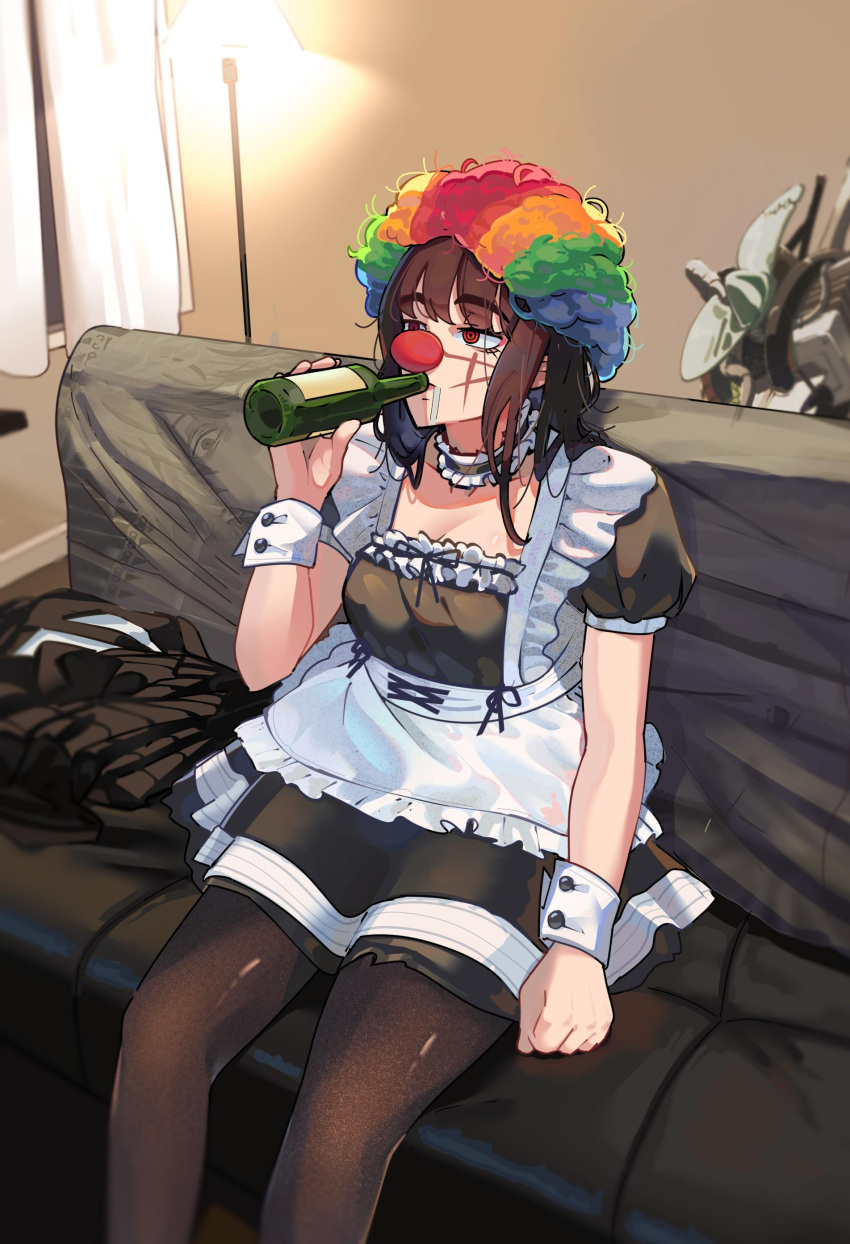 1girl, absurdres, alcohol, black_hair, black_thighhighs, chainsaw_man, clown_nose, clown_wig