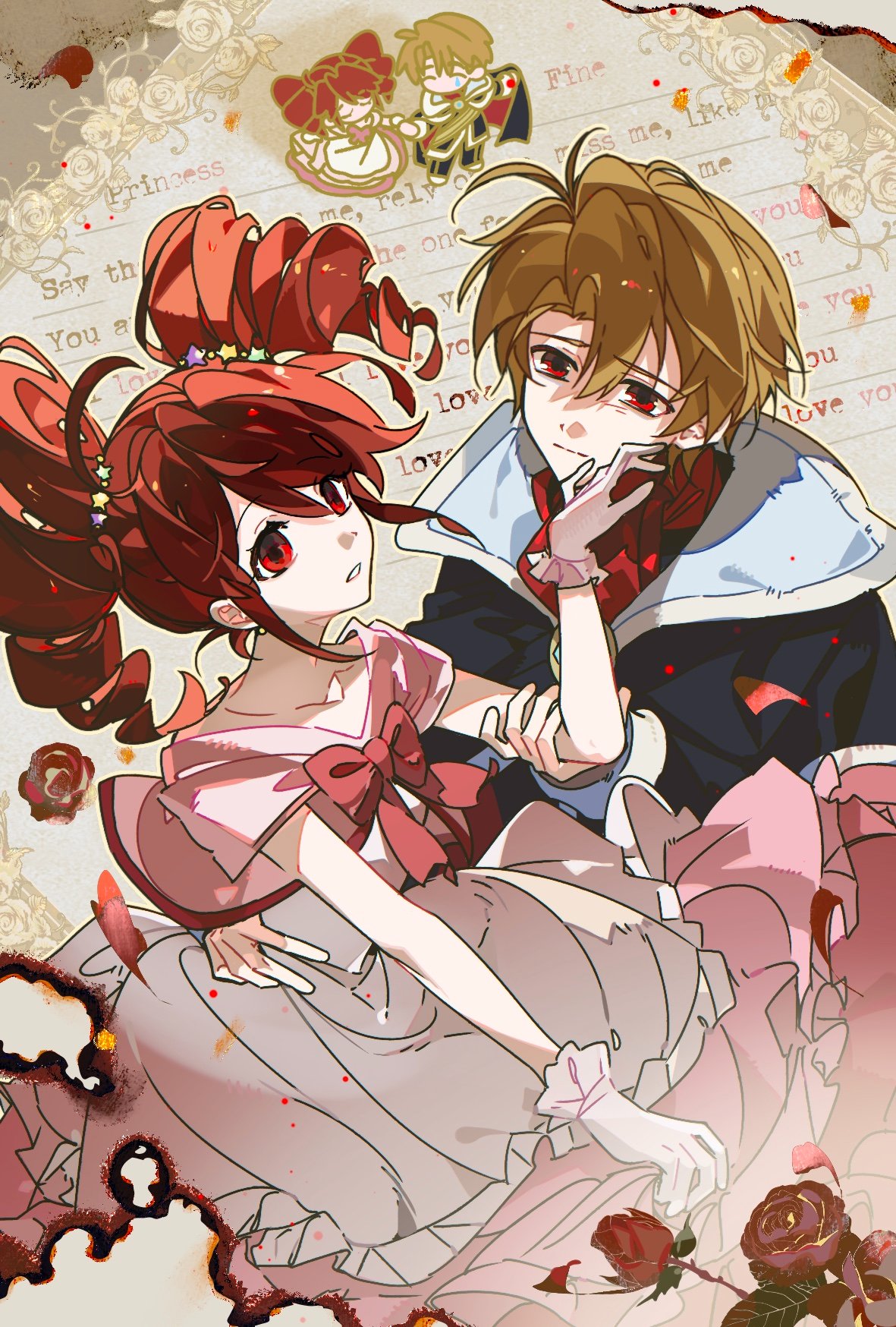 1boy, 1girl, brown_hair, dress, drills, flower, fushigiboshi_no_futago_hime, gloves