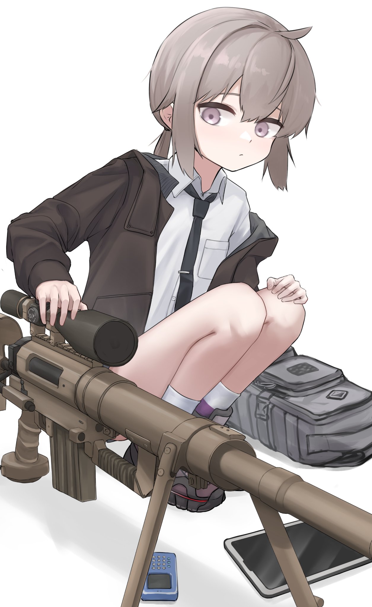 1girl, backpack, bag, bar_phone, black_boots, black_necktie, bolt_action, boots