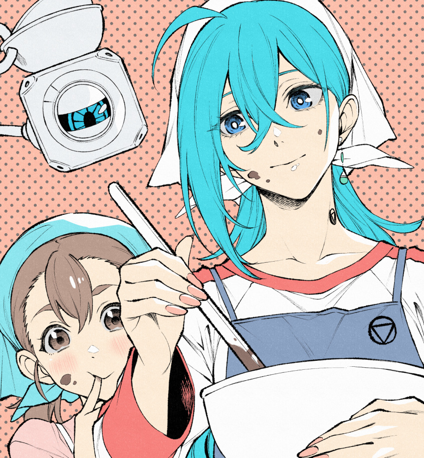 2girls, android, apron, blue_apron, blue_eyes, blue_hair, blue_headscarf, brown_eyes