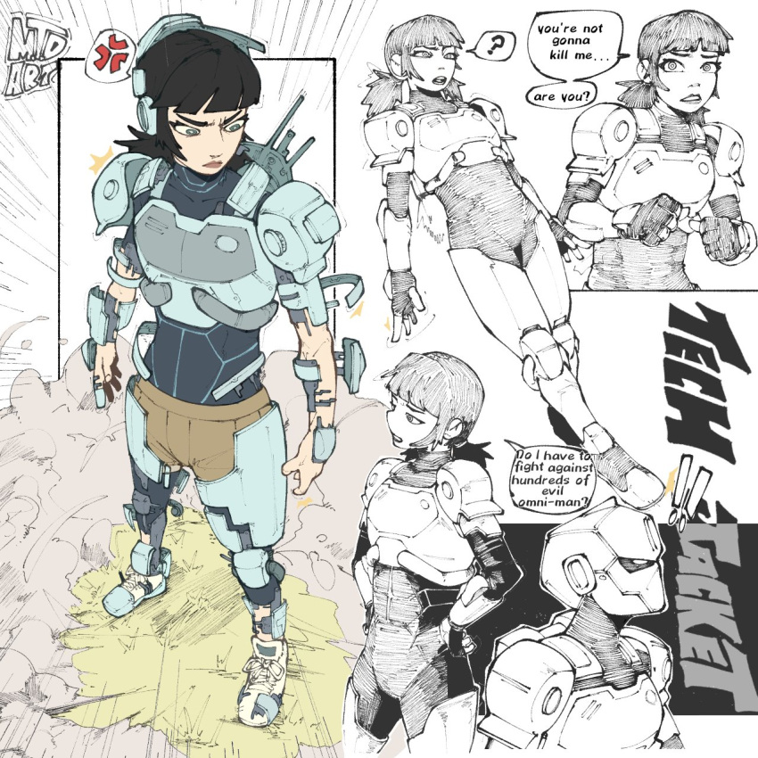 1girl, ?, anger_vein, armor, black_bodysuit, black_hair, bodysuit, breastplate, commentary, english_commentary, english_text, frown, green_eyes, helmet, highres, invincible_(series), mtd_art, open_mouth, scared, short_twintails, shoulder_armor, spoken_anger_vein, spoken_question_mark, standing, tech_jacket, twintails
