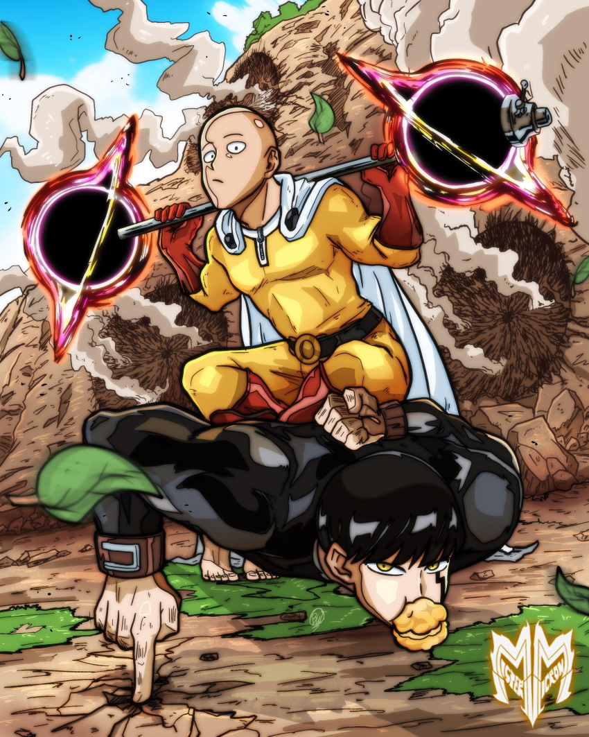 2boys, absurdres, artist_logo, artist_name, bald, barefoot, belt, black_belt