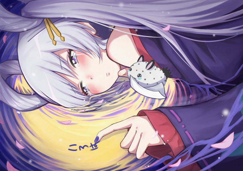 1girl, bare_shoulders, cho_kaguya-hime!, commentary_request, crying, crying_with_eyes_open, finger_writing, fushi_(cho_kaguya-hime!)