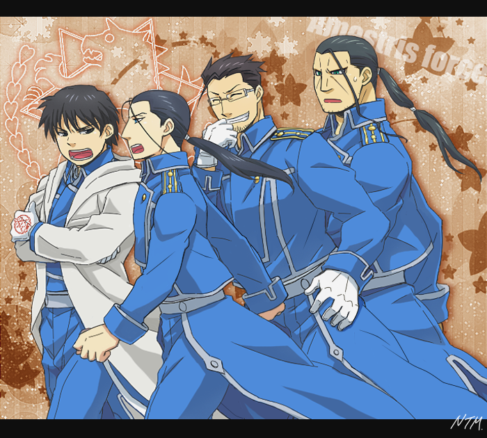 4boys, amestris_military_uniform, amestris_symbol, blue_eyes, blue_jacket, blue_pants, clenched_hand, fullmetal_alchemist