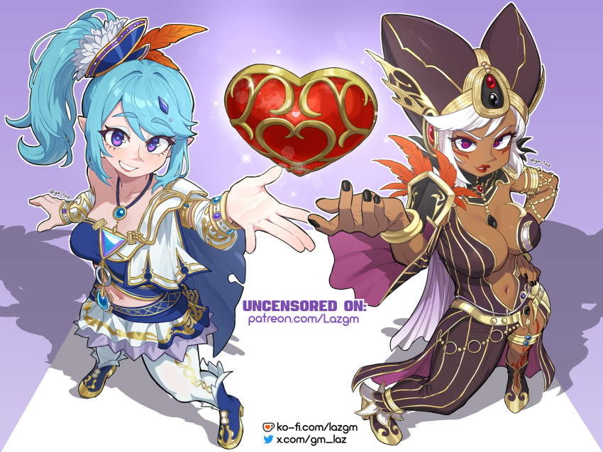 2girls, asymmetrical_clothes, blue_hair, boots, breasts, brooch, cape, cia_(hyrule_warriors)