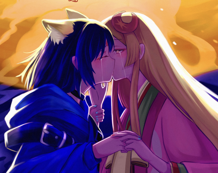 2girls, animal_ears, black_hair, blonde_hair, blue_kimono, blue_nails, blush, cho_kaguya-hime!, closed_eyes, crescent, crescent_hair_ornament, crying, crying_with_eyes_open, facing_another, fox_ears, hair_ornament, highres, holding_another's_wrist, holding_hands, interlocked_fingers, japanese_clothes, kaguya_(cho_kaguya-hime!), kasuga_yuu, kimono, kiss, long_sleeves, looking_at_another, multiple_girls, pink_kimono, red_nails, sakayori_iroha, streaming_tears, tears, wide_sleeves, yuri