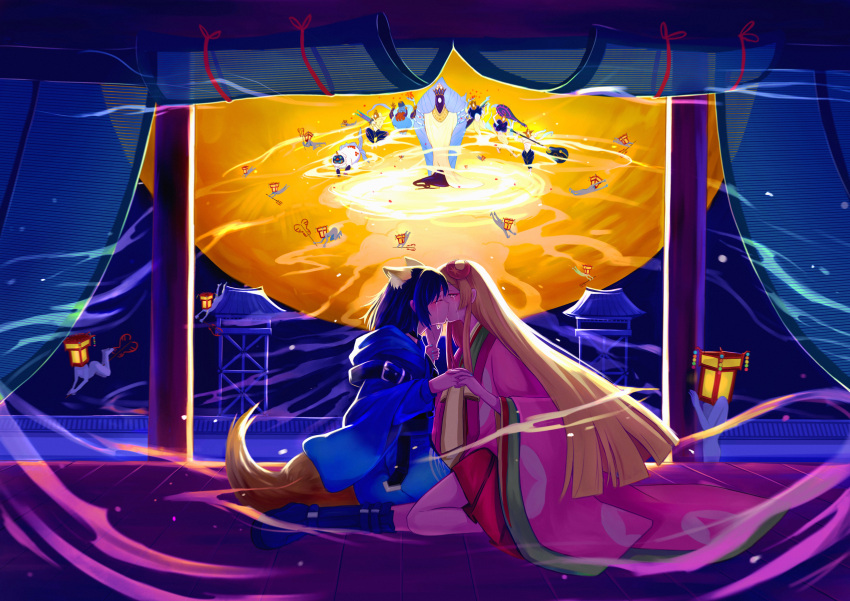 2girls, absurdres, animal_ears, black_hair, blonde_hair, blue_kimono, blue_nails, blush, cho_kaguya-hime!, closed_eyes, commentary_request, crescent, crescent_hair_ornament, crying, crying_with_eyes_open, facing_another, fox_ears, fox_tail, hair_ornament, highres, holding_another's_wrist, holding_hands, interlocked_fingers, japanese_clothes, kaguya_(cho_kaguya-hime!), kasuga_yuu, kimono, kiss, kneeling, long_sleeves, looking_at_another, multiple_girls, pink_kimono, portal_(object), red_nails, sakayori_iroha, sitting, streaming_tears, tail, tears, tsukijin_(cho_kaguya-hime!), wide_sleeves, yuri