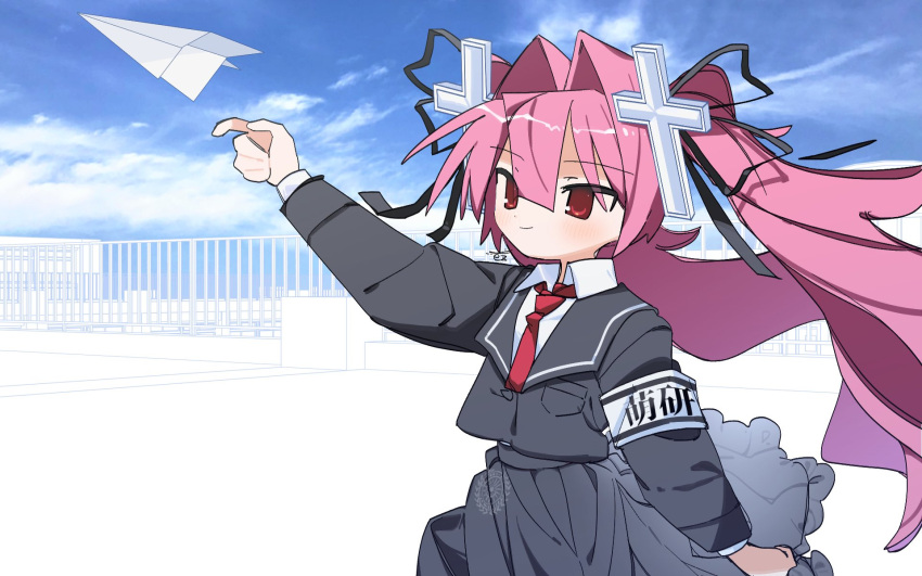 1girl, armband, asakura_moyu, collared_shirt, commentary_request, cross_hair_ornament, day, eezee56