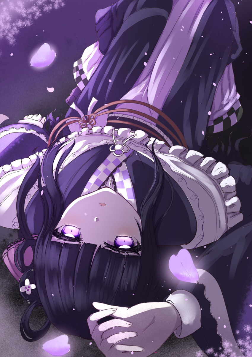1girl, absurdres, black_hair, dairekutohitto, dress, frilled_dress, frills, highres, hime_cut, japanese_clothes, long_hair, looking_at_viewer, lying, magical_girl, mahou_shoujo_no_inshuu_mura, obi, open_mouth, petals, sash, violet_eyes, wide_sleeves, yakushidou_shii