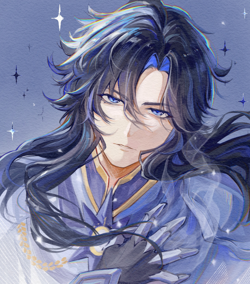 1boy, absurdres, aff74657844, alternate_costume, bishounen, black_cape, black_hair, blue_eyes