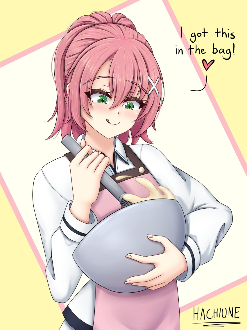 1girl, apron, artist_name, batter, bob_cut, bowl, cake_batter, closed_mouth