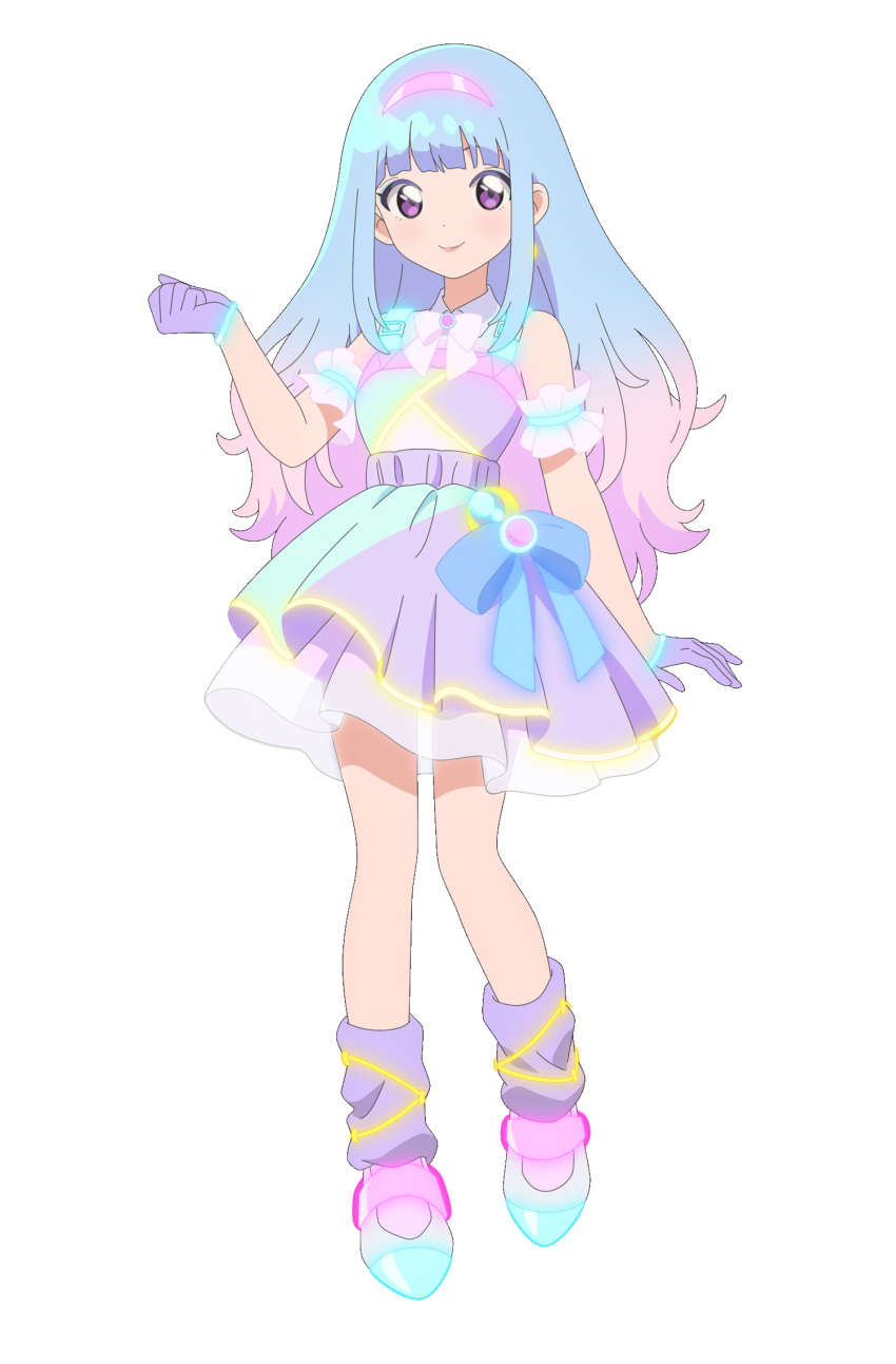1girl, aqua_dress, arm_at_side, artist_request, bare_shoulders, blue_eyeliner, blue_hair, blue_shoes, blunt_bangs, bow, bowtie, collared_dress, detached_sleeves, dot_nose, dress, dress_bow, eyeliner, fairy_kei, full_body, gloves, gradient_hair, hairband, hand_up, highres, idol, idol_clothes, large_bow, leg_warmers, legs_apart, light_blush, long_hair, long_sidelocks, looking_at_viewer, magical_girl, mahou_no_shimai_lulutto_lilly, makeup, mashu_lulu, multicolored_hair, multicolored_shoes, neon_lights, nonoyama_rui, official_art, pink_bow, pink_bowtie, pink_hair, pink_hairband, pink_lips, pink_shoes, purple_bow, purple_dress, purple_gloves, purple_leg_warmers, second-party_source, shoes, short_dress, short_sleeves, sidelocks, sleeveless, sleeveless_dress, smile, standing, straight_hair, two-tone_dress, two-tone_hair, two-tone_shoes, violet_eyes, wristband, yume_kawaii