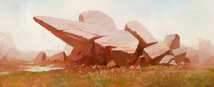absurdres, blue_sky, boulder, day, gradient_sky, grass, highres, landscape