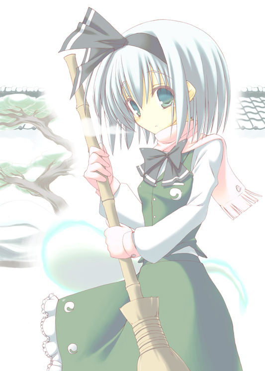 bamboo_broom, blue_eyes, broom, gloves, hitodama, konpaku_youmu, konpaku_youmu_(ghost), mutsuno_hekisa