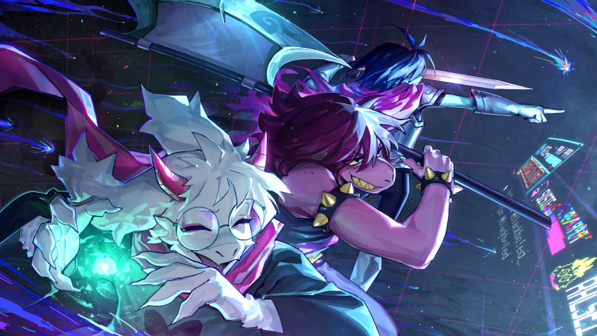 1boy, 1girl, 1other, animal_ears, armlet, axe, blue_hair, deltarune, furry, furry_male, gameplay_mechanics, goat_boy, goat_ears, green-framed_eyewear, green_robe, highres, holding, holding_sword, holding_weapon, horns, jewelry, kris_(dark_world)_(deltarune), kris_(deltarune), magic, mane_ax_(deltarune), open_mouth, pink_scarf, pointing, purple_hair, ralsei, red_eyes, reptile_girl, robe, scarf, sharp_teeth, spiked_armlet, susie_(dark_world)_(deltarune), susie_(deltarune), sword, teeth, the_fun_gang, trou_noir, utdr_(toby_fox), weapon