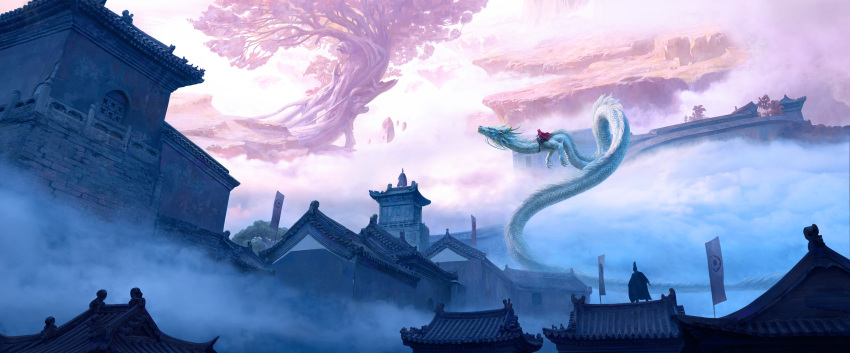 2boys, absurdres, architecture, banner, black_hat, black_pants, black_robe, chinese_commentary