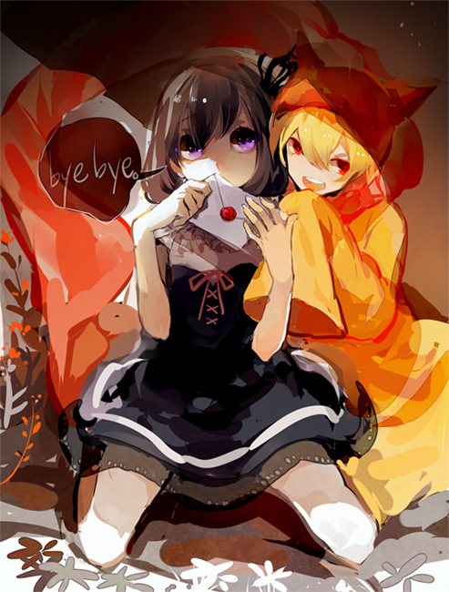 bad_id, blonde_hair, brown_hair, colxy, covering, covering_face, covering_mouth, crown, dress, english, envelope, hair_ornament, kneeling, letter, open_mouth, purple_eyes, red_eyes, ribbon, sakutarou, scarf, short_hair, sitting, sleeves_past_wrists, smile, speech_bubble, umineko_no_naku_koro_ni, ushiromiya_maria, violet_eyes, wariza