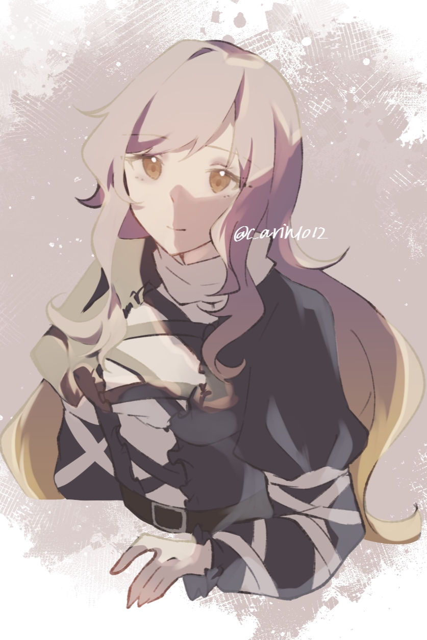 1girl, belt, black_belt, black_dress, blonde_hair, breasts, carin_(c_arin1012), closed_mouth