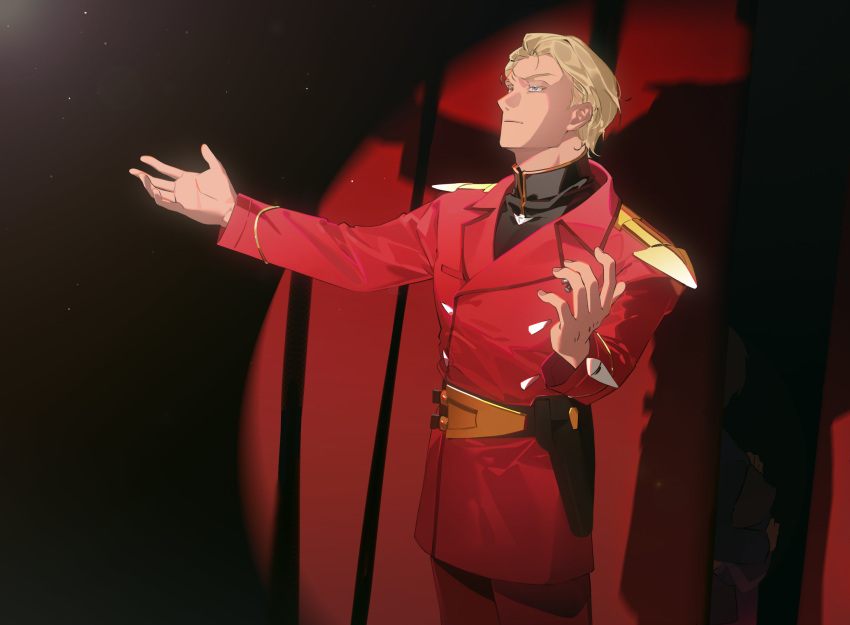 belt, blonde_hair, blue_eyes, char's_counterattack, char_aznable, collared_shirt, dnwn_stone, epaulettes, gundam, highres, holder, holster, jacket, long_sleeves, male_focus, military_uniform, pants, red_jacket, shadow, shirt, short_hair, stage, zeon