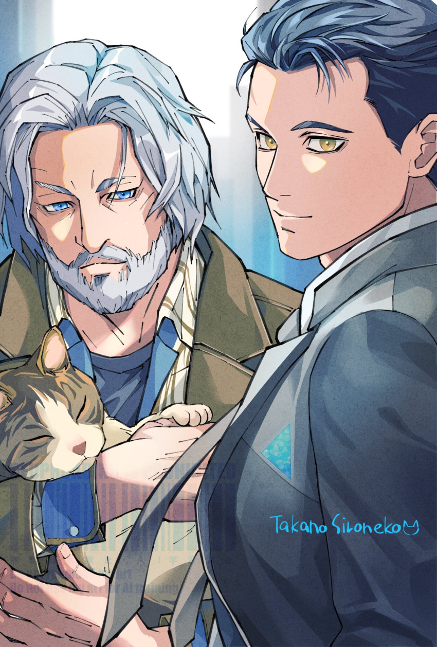 2boys, animal, artist_name, beard, black_hair, blue_eyes, blue_shirt, brown_coat