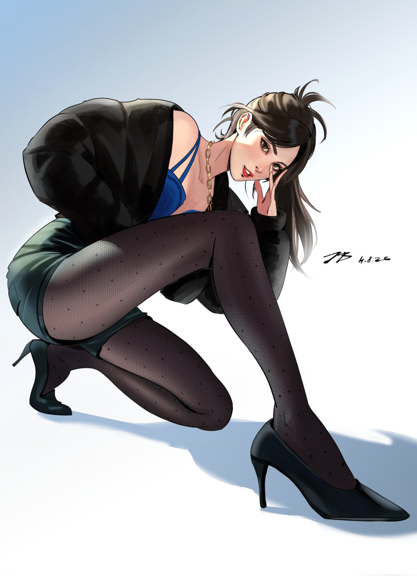 1girl, absurdly_long_hair, backlighting, black_jacket, blue_shirt, bomber_jacket, brown_hair, chain