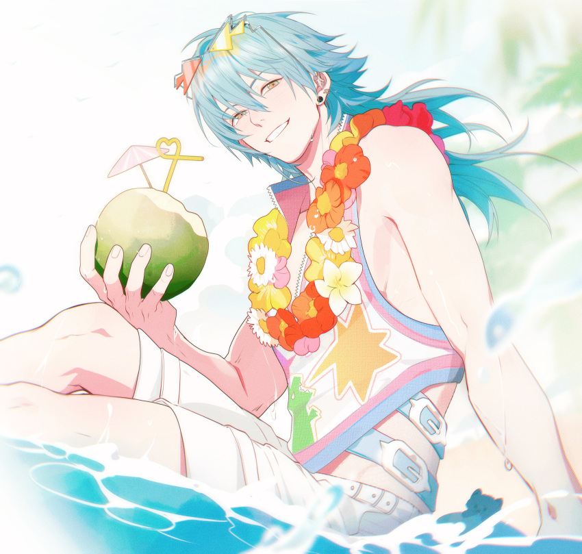 1boy, absurdres, alternate_costume, bare_shoulders, beach, belt, belt_buckle, bendy_straw