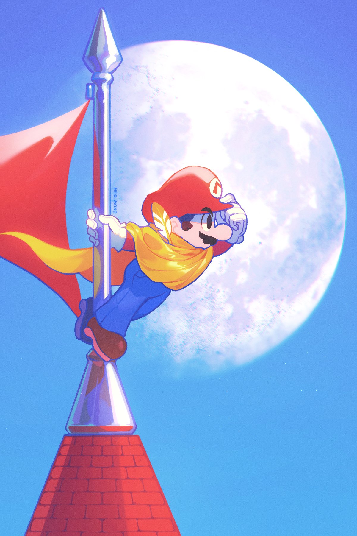 1boy, adjusting_clothes, adjusting_headwear, blue_pants, brown_hair, brown_shoes, cape, cape_mario, commentary, flag, flagpole, from_side, full_moon, gloves, hat, highres, leaning_forward, male_focus, mario, mong_(mong_milo), moon, pants, profile, red_hat, shoes, short_hair, sideburns, sky, solo, super_mario_bros., white_gloves, yellow_cape