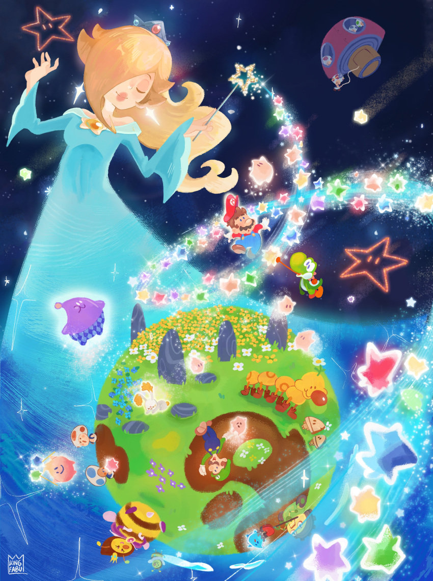2girls, 6+boys, :d, :o, absurdres, aqua_dress, artist_name, bare_shoulders