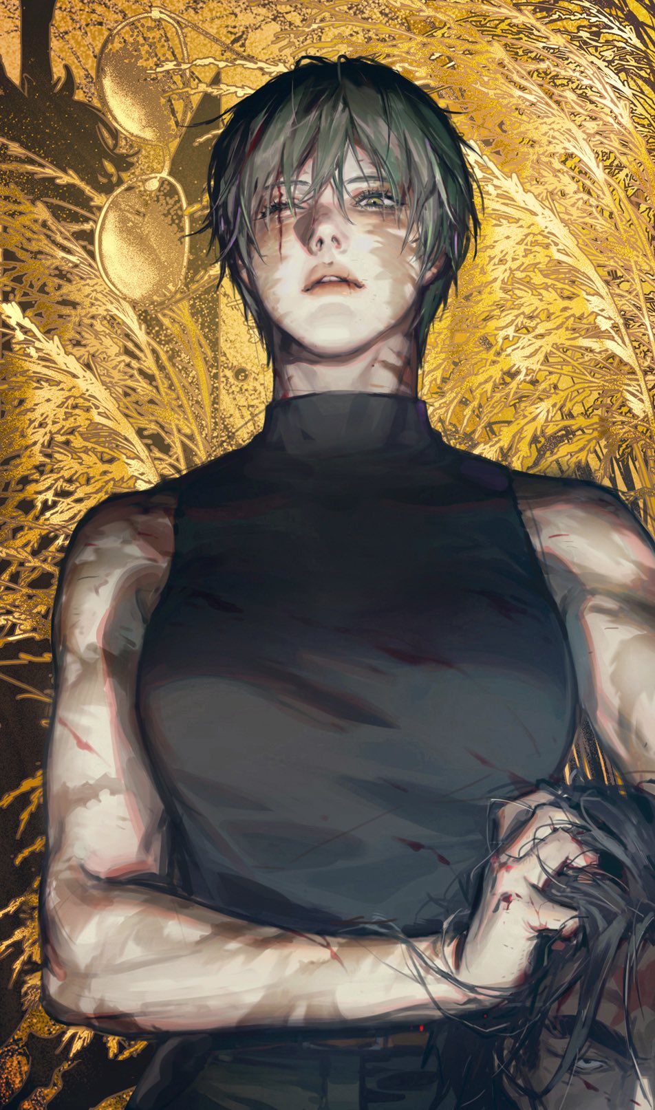 1boy, 1girl, black_pants, black_shirt, blood, blood_on_clothes, blood_on_face, blood_on_hands, breasts, burn_scar, glasses, grabbing_another's_hair, green_hair, hair_between_eyes, hand_in_another's_hair, highres, holding_another's_hair, implied_murder, jujutsu_kaisen, looking_at_viewer, looking_down, medium_breasts, muscular, muscular_female, nonockha, pants, parted_lips, scar, scar_across_eye, scar_on_arm, scar_on_face, scar_on_neck, scars_all_over, shirt, short_hair, sleeveless, sleeveless_turtleneck, split_soul_katana_(jujutsu_kaisen), tomboy, turtleneck, wheat, wheat_field, yellow_eyes, zen'in_jinichi, zen'in_maki, zen'in_maki_(post_shibuya)