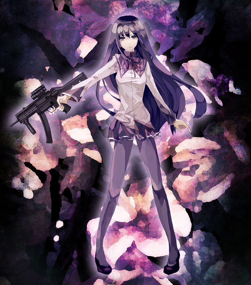 akemi_homura, black_hair, black_legwear, frown, gun, h&amp;k_mp5, hairband, ito_mijinko, long_hair, magical_girl, mahou_shoujo_madoka_magica, pantyhose, pleated_skirt, purple_eyes, ribbon, skirt, solo, submachine_gun, trigger_discipline, violet_eyes, weapon