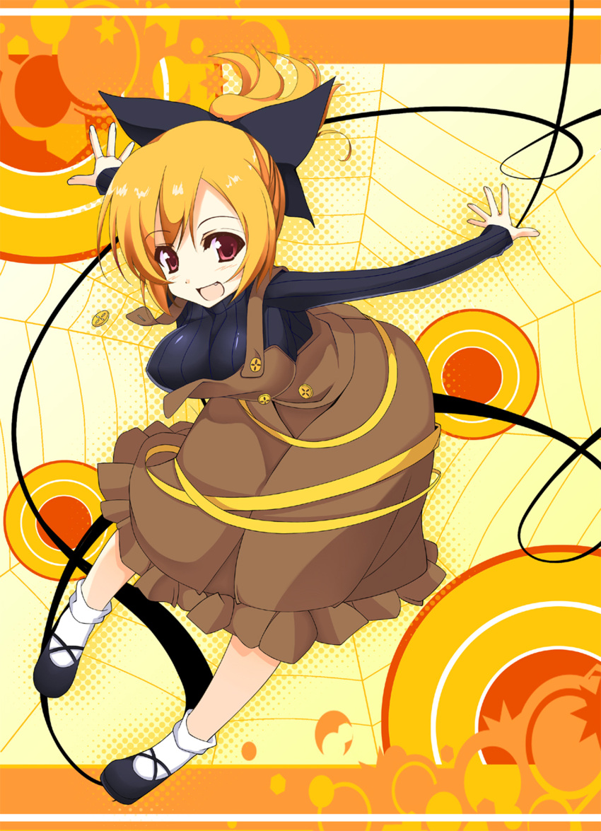 absurdres, blonde_hair, bow, breasts, buttons, fang, hair_bow, highres, jumper, kurodani_yamame, kusano_(torisukerabasu), large_breasts, leaning_forward, open_mouth, outstretched_arms, ponytail, popped_button, popped_buttons, red_eyes, resizing_artifacts, short_hair, smile, solo, spread_arms, sweater, torisukerabasu, touhou, turtleneck