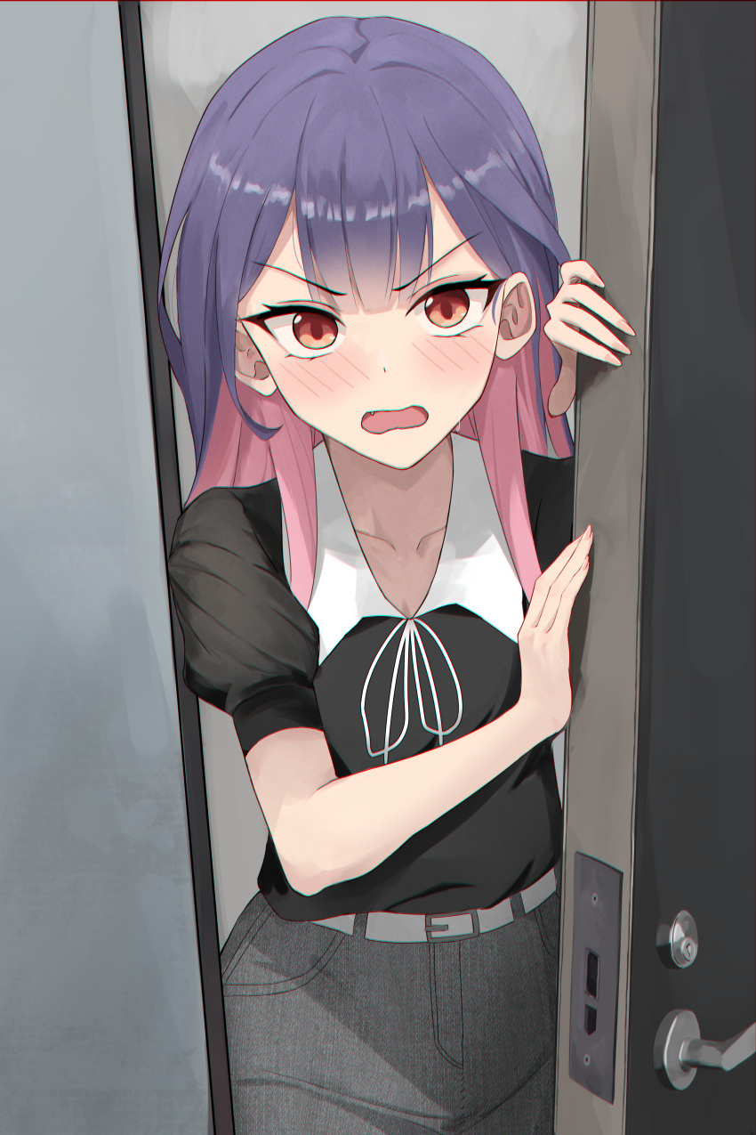 1girl, absurdres, black_pants, black_shirt, blush, canvas_sensei, colored_inner_hair, damedol_to_sekai_ni_hitori_dake_no_fan, doorway, fang, highres, multicolored_hair, open_mouth, orange_eyes, pants, pink_hair, pov, pov_doorway, puffy_short_sleeves, puffy_sleeves, purple_hair, shirt, short_sleeves, solo, urumin_(damedol_to_sekai_ni_hitori_dake_no_fan), wavy_mouth