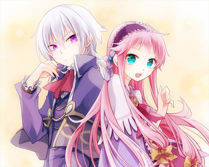 1boy, 1girl, :d, aqua_eyes, ascot, calilica_(ys), closed_mouth, frilled_hairband