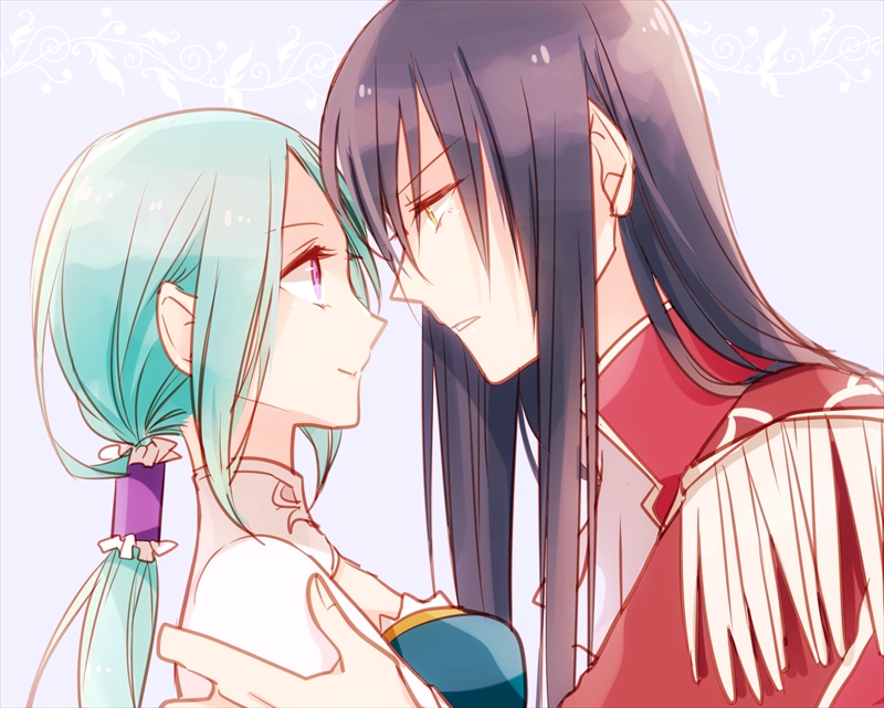 1boy, 1girl, black_hair, closed_mouth, epaulettes, ernst_(ys), frieda_(ys), from_side