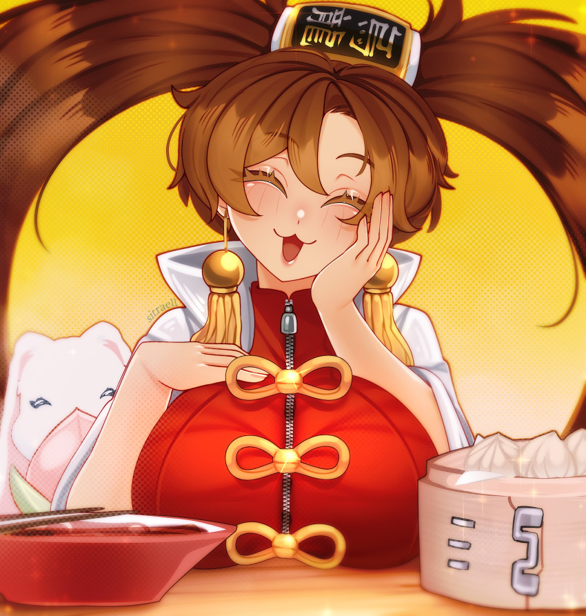 1girl, :3, absurdres, breast_rest, breasts, breasts_on_table, brown_hair, chinese_clothes