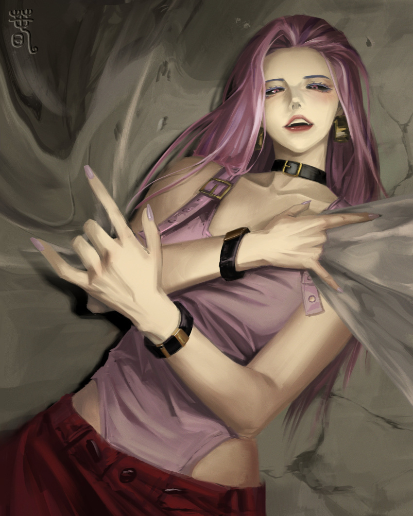 1girl, absurdres, belt_buckle, belt_collar, black_sclera, bracelet, breasts, buckle, choker, collar, colored_sclera, crack, cracked_wall, cropped_legs, earrings, floating_hair, hair_floating_upwards, hair_over_shoulder, highres, holding, jewelry, jujutsu_kaisen, leotard, long_hair, looking_at_viewer, pants, parted_lips, partially_invisible, pink_eyes, pink_hair, pink_leotard, pink_nails, red_lips, red_pants, sleemonkv, smile, solo, solo_focus, uro_takako, white_unitard