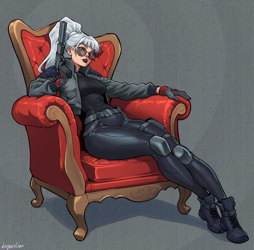 1girl, absurdres, armchair, artist_name, belt, black_lips, black_pants, black_shirt
