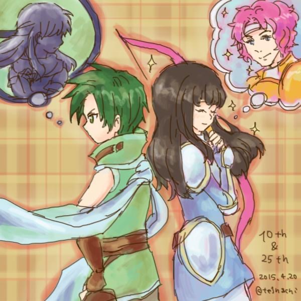 1boy, 1girl, 2boys, 2girls, artist_name, astrid_(fire_emblem), back-to-back, black_hair
