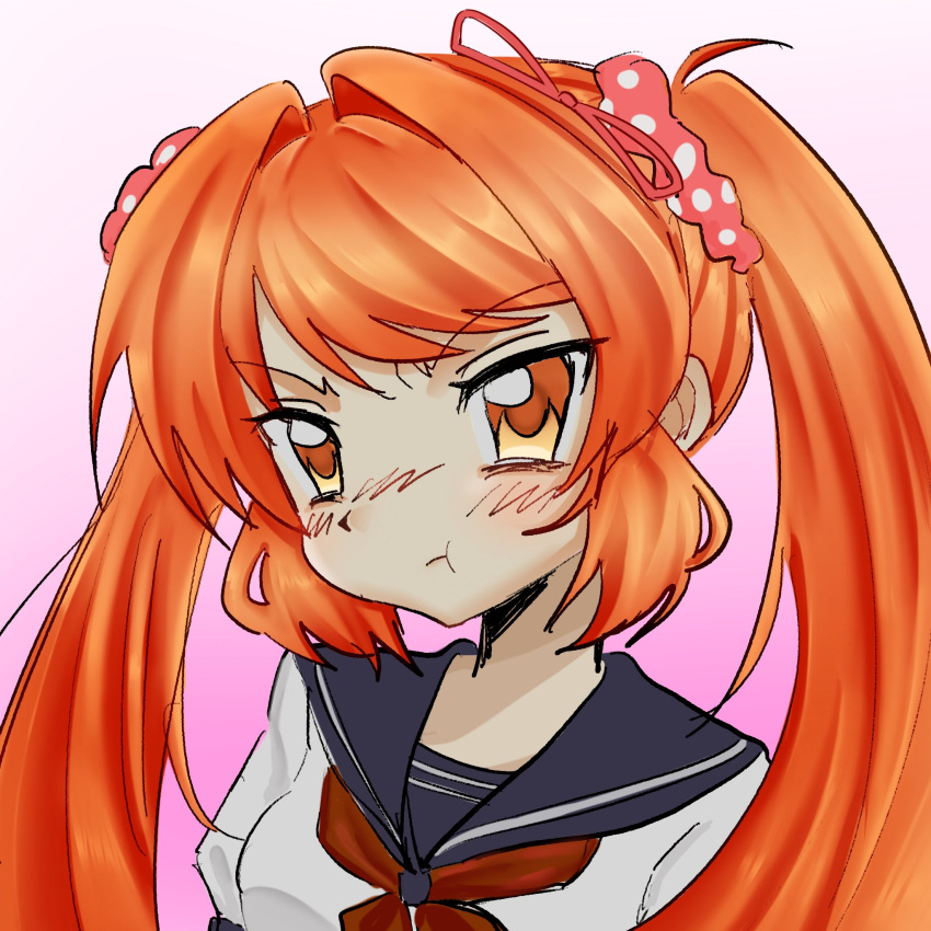 1girl, 2000s_(style), :t, angry, blue_sailor_collar, blush, bow, breasts