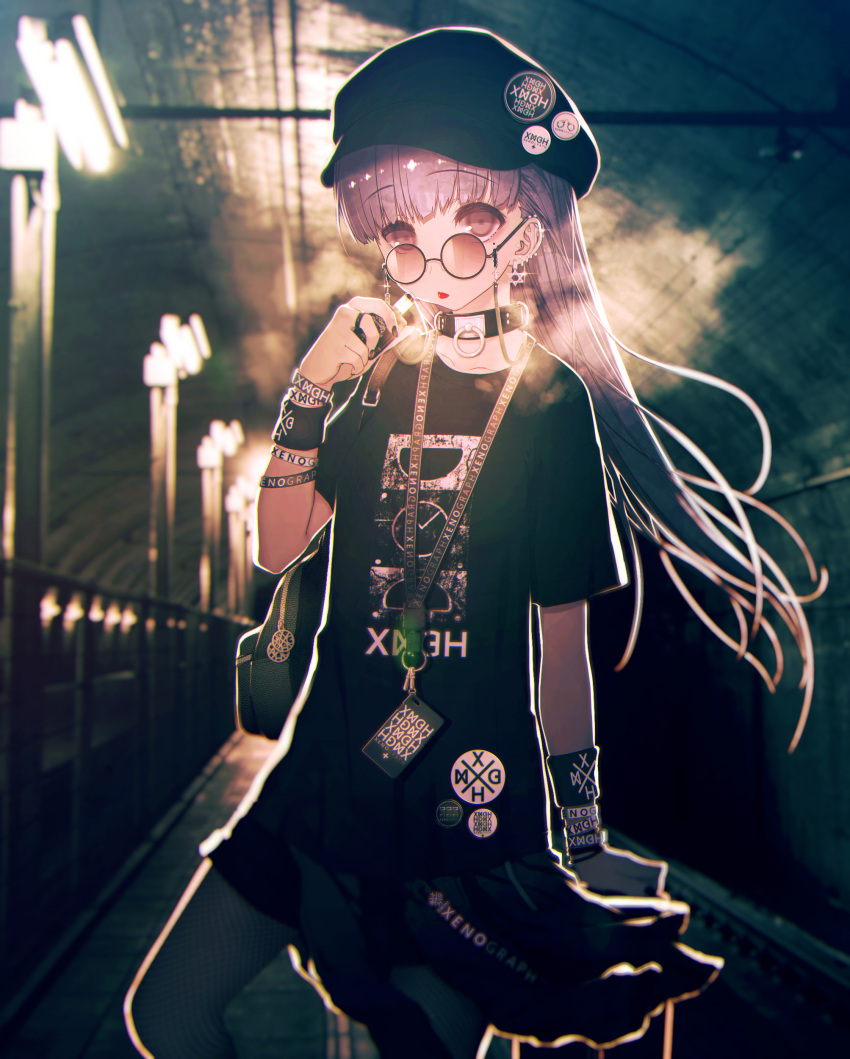 1girl, absurdres, arm_support, backlighting, badge, bag, black-framed_eyewear, black_bag
