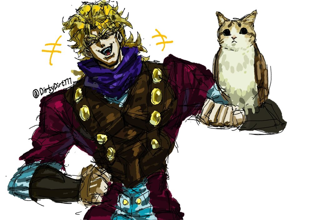 1boy, animal_on_arm, bird, bird_on_arm, blonde_hair, cat, chimera, closed_eyes, creature, dio_brando, dirtydirt777, ear_birthmark, fangs, hand_on_own_hip, holding, jojo_no_kimyou_na_bouken, laughing, male_focus, meme, meowl_(meme), open_mouth, phantom_blood, purple_scarf, scarf, simple_background, sketch, smile, solo, twitter_username, vampire, white_background