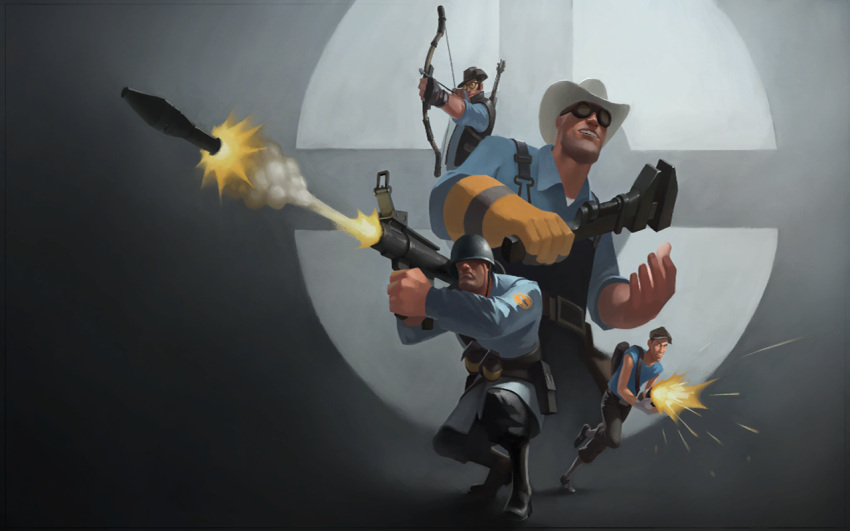 4boys, arrow_(projectile), black_boots, blu_engineer_(tf2), blu_scout_(tf2), blu_sniper_(tf2), blu_soldier_(tf2), blue_coat