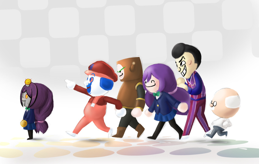 2girls, 4boys, blue_hair, dr._andonuts, glass, grand_dad, love_live!, mega_man_(classic)