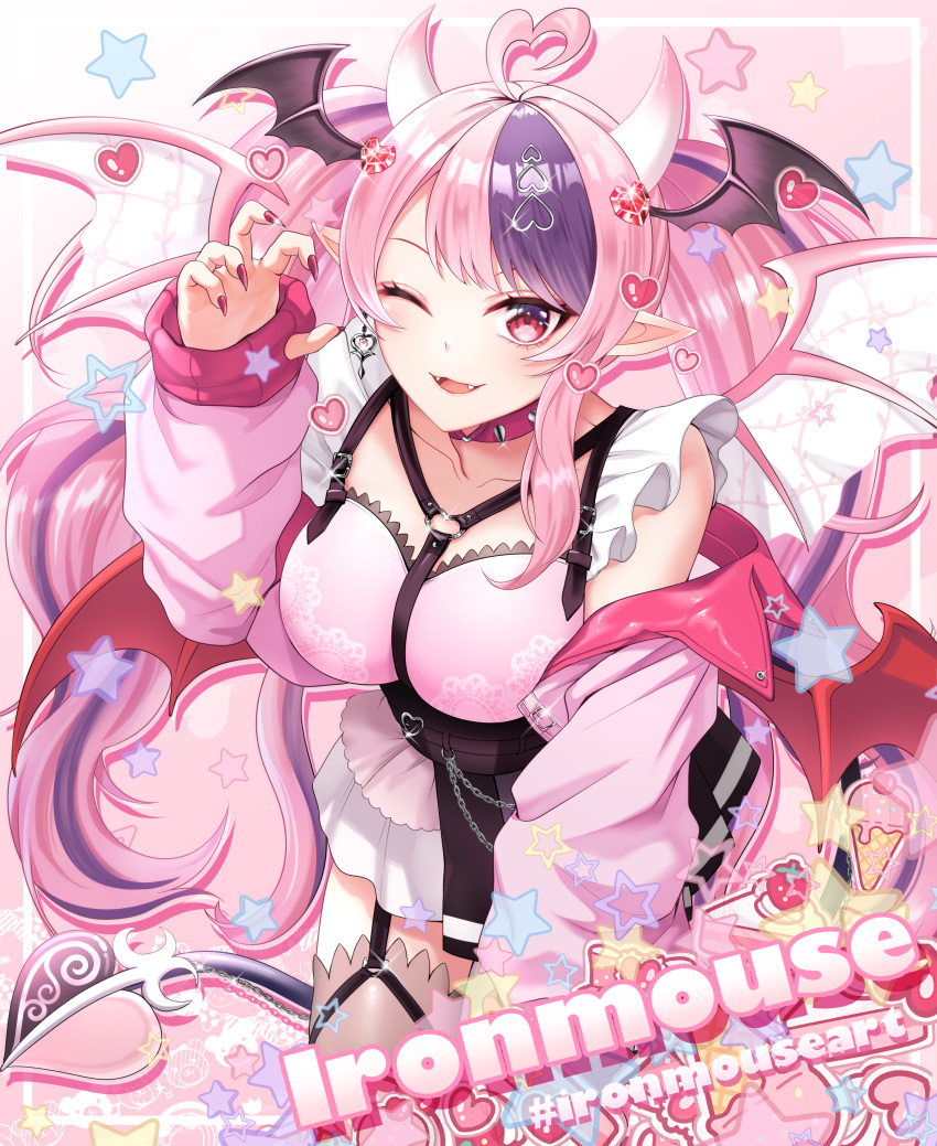 1girl, absurdres, ahoge, black_skirt, breasts, collar, demon_girl, demon_horns, demon_tail, demon_wings, fangs, hair_ornament, heart, heart_ahoge, heart_hair_ornament, highres, horns, indie_virtual_youtuber, ironmouse, kairo_(kairo_2096), large_breasts, looking_at_viewer, multicolored_hair, one_eye_closed, open_mouth, pink_hair, pink_nails, pointy_ears, purple_hair, skirt, spiked_collar, spikes, star_(symbol), streaked_hair, tail, twintails, two-tone_skirt, virtual_youtuber, white_skirt, wings