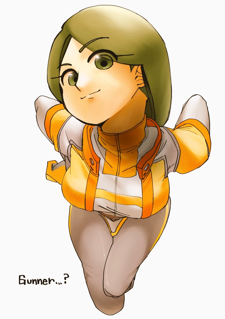 1girl, 4bk63ppm0p54593, bodysuit, breasts, closed_mouth, cropped_legs, eyes_visible_through_hair, gloves, green_eyes, green_hair, grey_bodysuit, head_tilt, large_breasts, leaning_forward, long_hair, looking_at_viewer, medium_breasts, mii_(nintendo), mii_gunner, mii_gunner_(smash_ultimate), nintendo, orange_gloves, parted_bangs, short_hair, simple_background, smile, solo, super_smash_bros., white_background