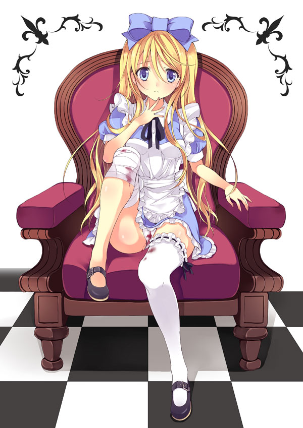 alice_in_wonderland, apron, bandage, bandages, blonde_hair, blood, blood_stain, blue_eyes