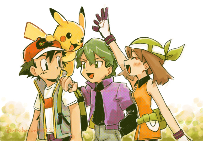 1girl, 2boys, :d, arm_up, ash_ketchum, backpack, bag, bandana