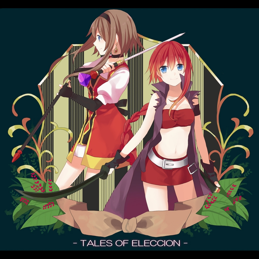 belt, blue_eyes, brown_hair, character_request, choker, copyright_request, earrings, jewelry